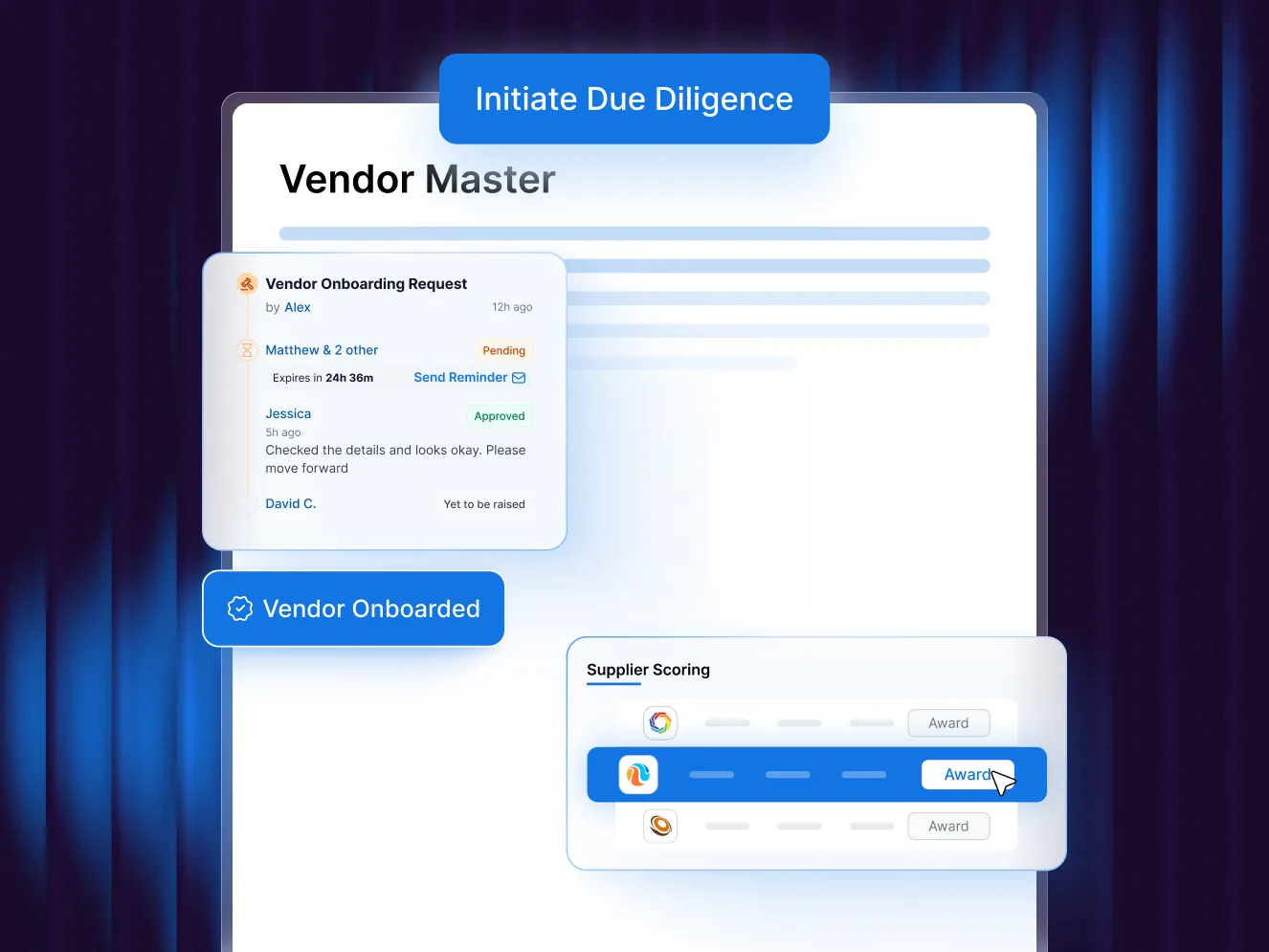 Vendor master in Procol with an onboarding request approved by each reviewer, supplier scoring and the vendor marked onboarded