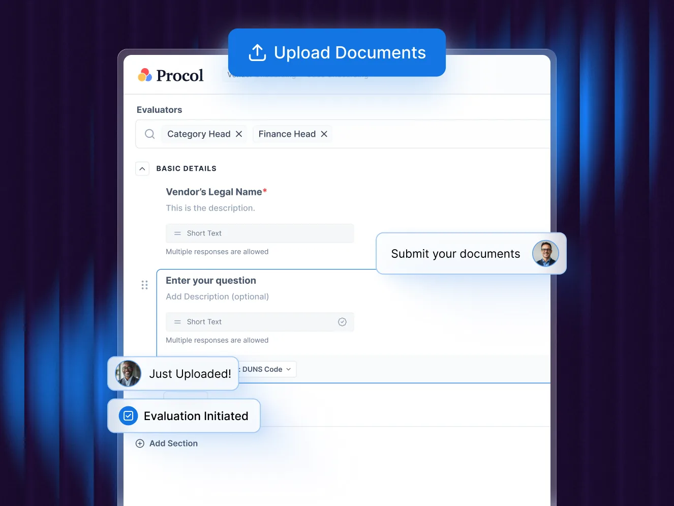 Vendor registration form in Procol where suppliers upload documents and category and finance evaluators review them