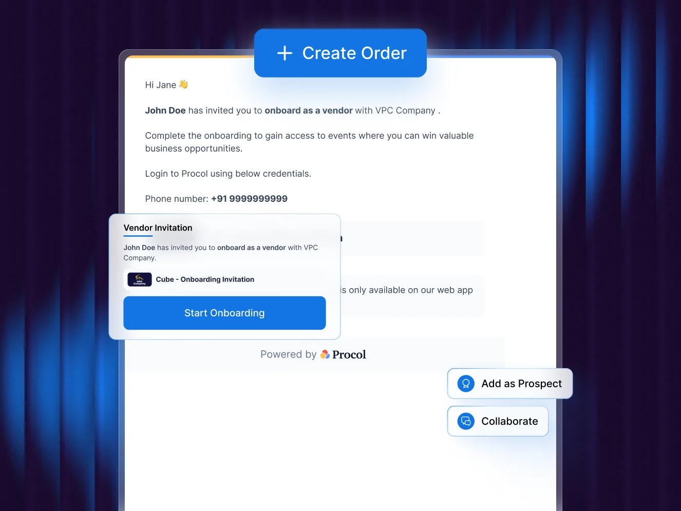 Vendor invitation email from Procol asking a supplier to start onboarding, with options to add as a prospect or collaborate