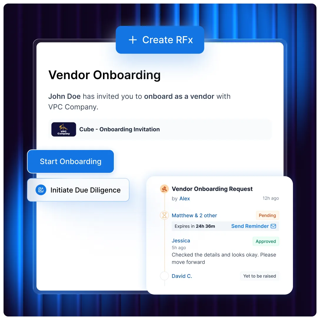 Vendor onboarding invitation in Procol with options to start onboarding or initiate due diligence, and the approval trail of the onboarding request